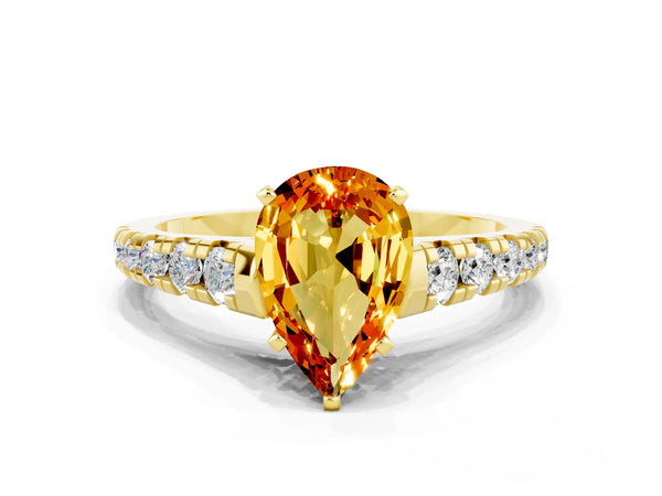 Yellow gold Pear Cut Citrine Cathedral Solitaire Ring with Round  Pavé Band