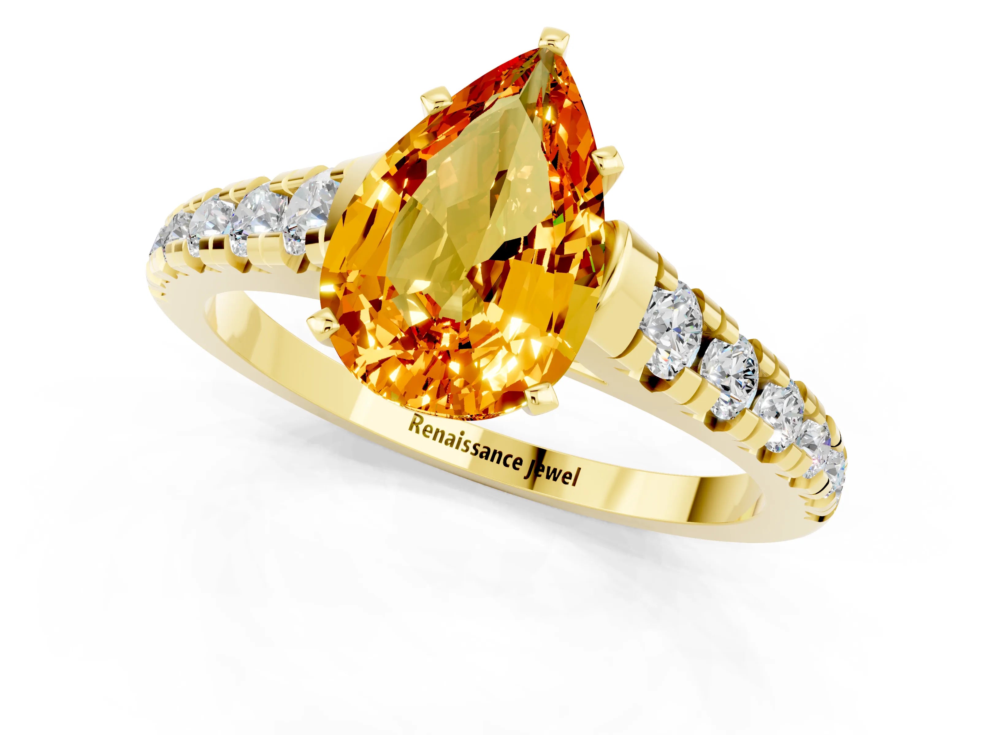 Yellow gold Pear Cut Citrine Solitaire Ring with Cathedral Setting and Pavé Band_1