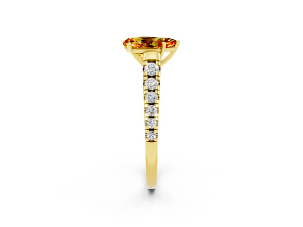 Yellow gold Pear Cut Citrine Cathedral Solitaire Ring with Round  Pavé Band