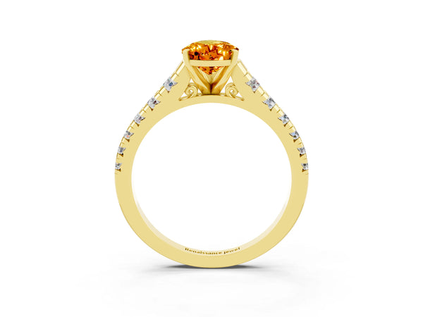 Yellow gold Pear Cut Citrine Cathedral Solitaire Ring with Round  Pavé Band