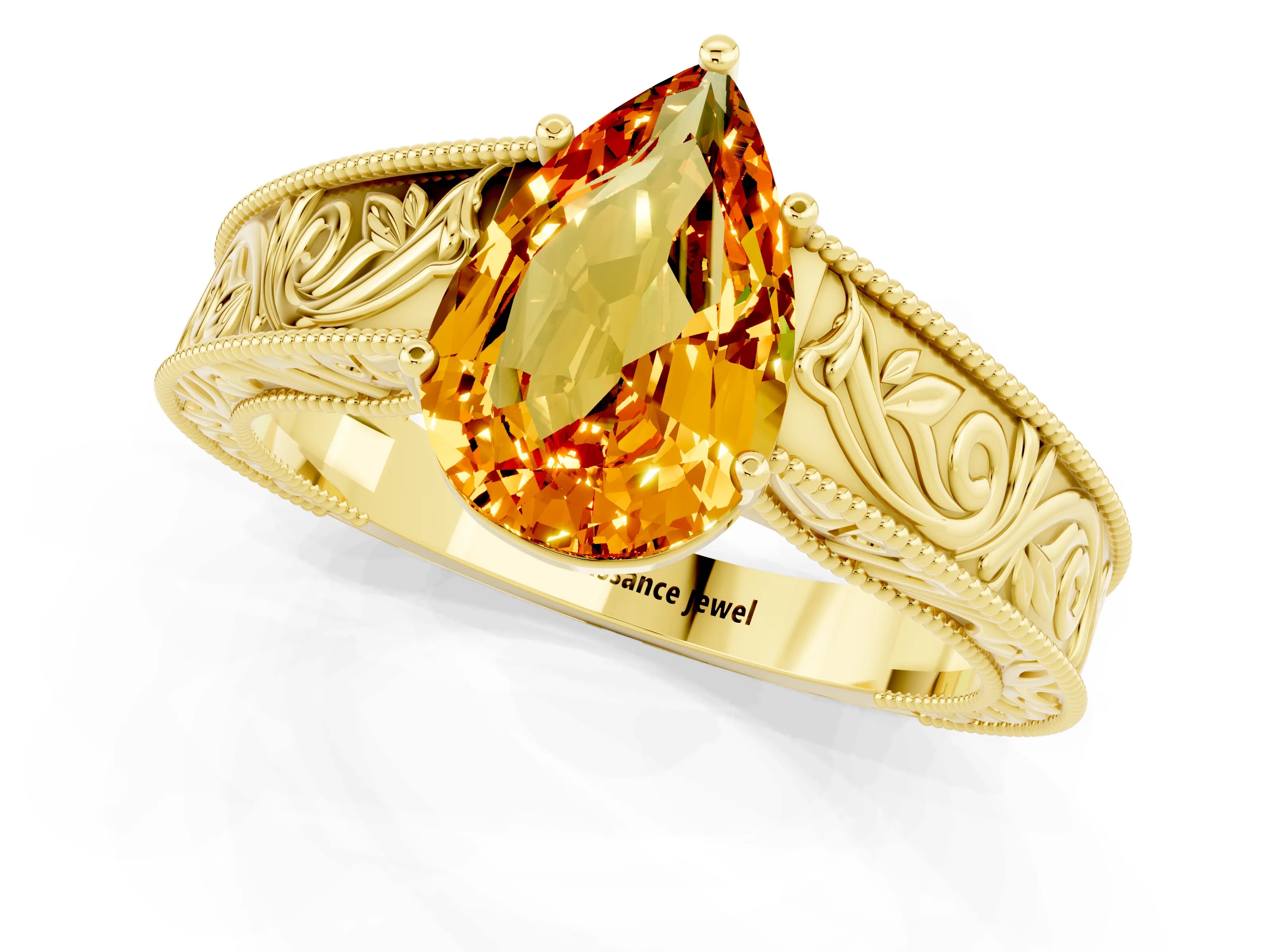 Yellow gold Pear Cut Citrine Solitaire Ring with Engraved Band and Four-Prong Setting_1