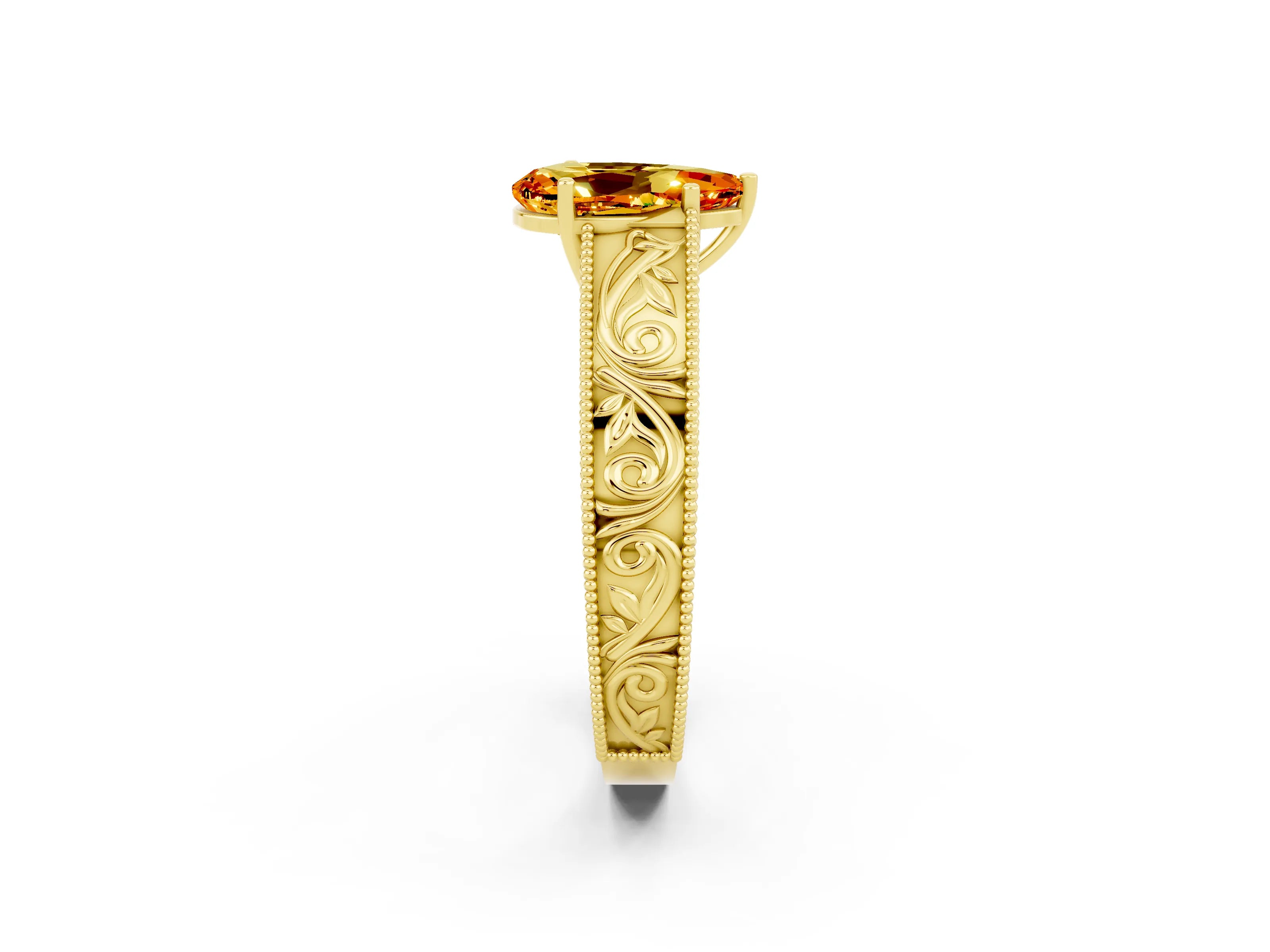 Yellow gold Pear Cut Citrine Solitaire Ring with Engraved Band and Four-Prong Setting_2