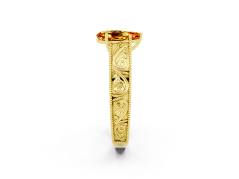 Yellow gold Pear Cut Citrine Solitaire Ring with Engraved Band and Four-Prong Setting_2