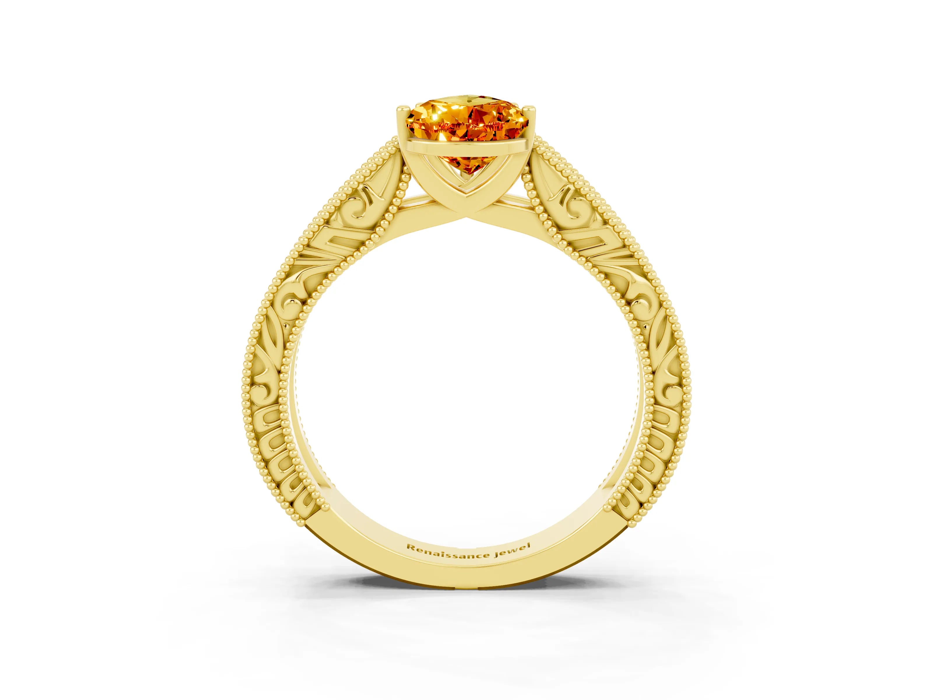 Yellow gold Pear Cut Citrine Solitaire Ring with Engraved Band and Four-Prong Setting_3