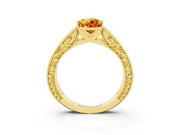 Yellow gold Pear Cut Citrine Solitaire Ring with Engraved Band and Four-Prong Setting