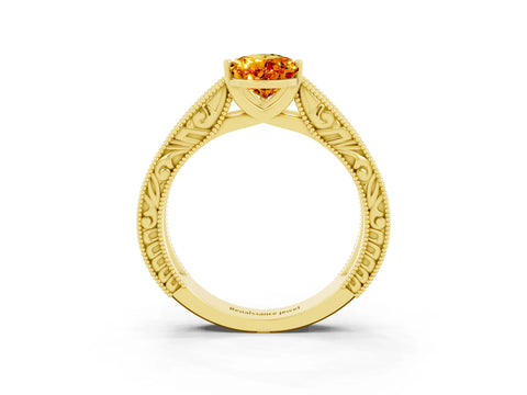 Yellow gold Pear Cut Citrine Solitaire Ring with Engraved Band and Four-Prong Setting_3