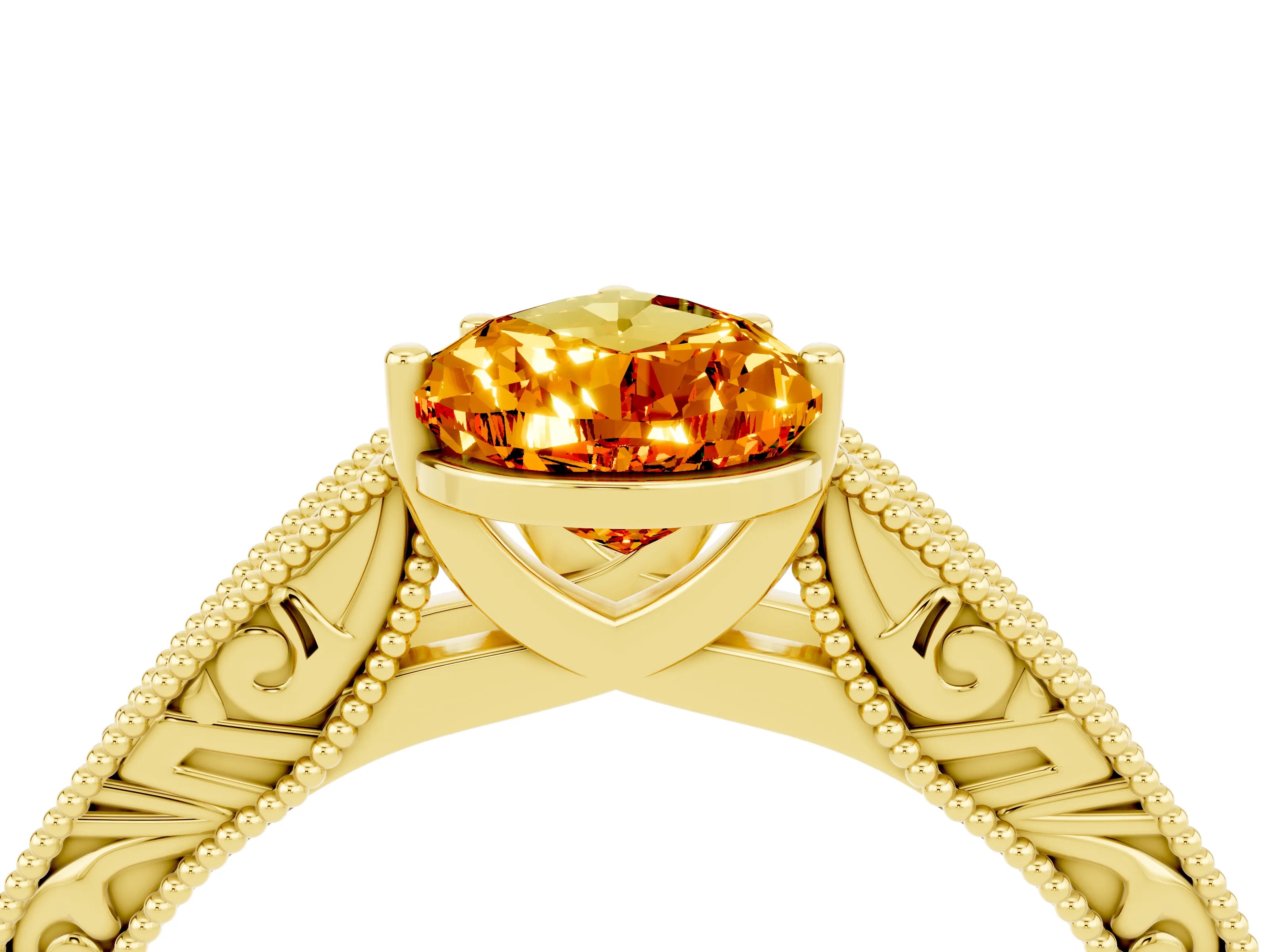 Yellow gold Pear Cut Citrine Solitaire Ring with Engraved Band and Four-Prong Setting_4