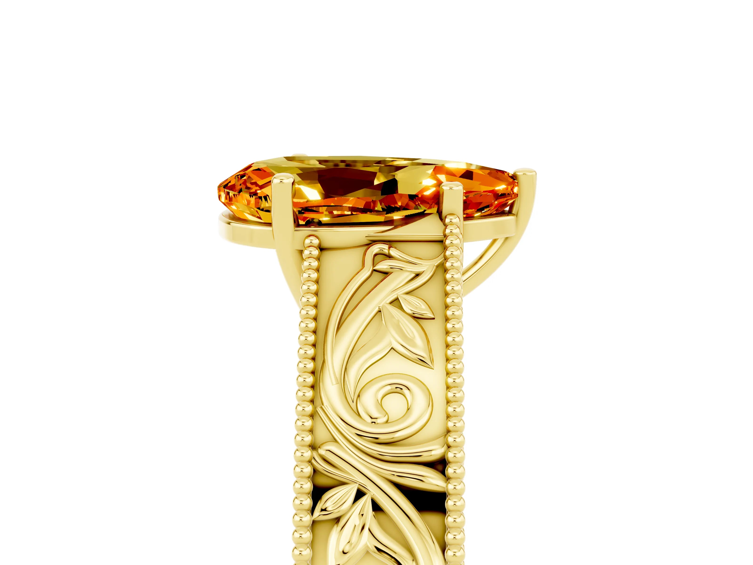 Yellow gold Pear Cut Citrine Solitaire Ring with Engraved Band and Four-Prong Setting_5