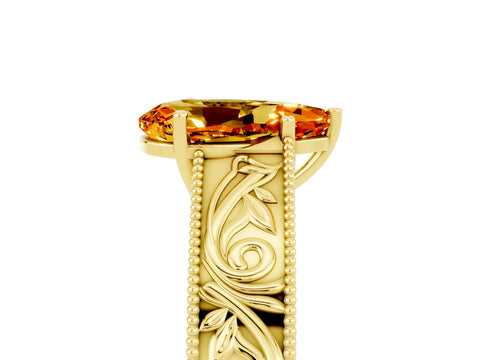 Yellow gold Pear Cut Citrine Solitaire Ring with Engraved Band and Four-Prong Setting_5