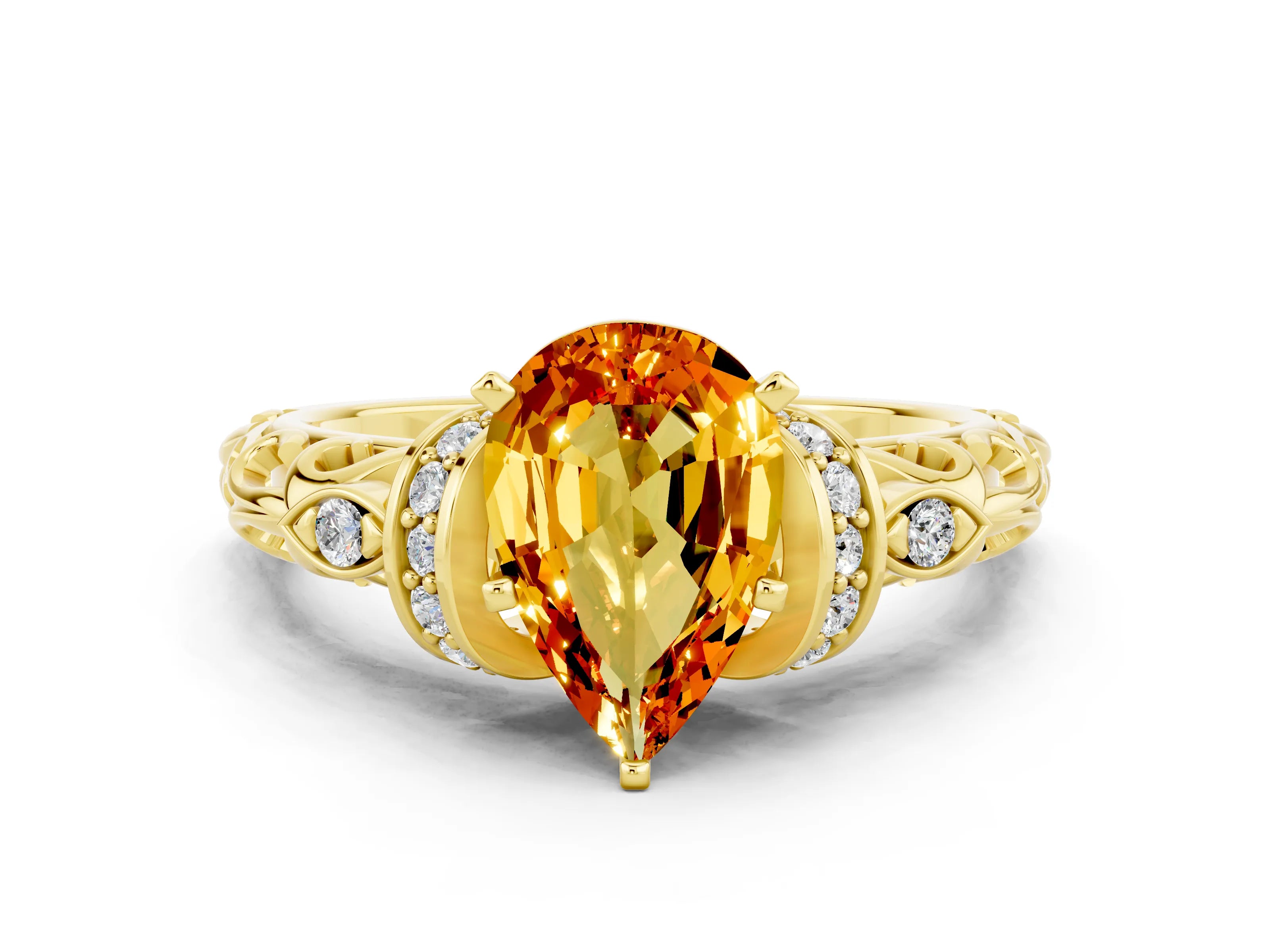 Yellow gold Pear Cut Citrine Solitaire Ring with Filigree Band and Four-Prong Setting_24