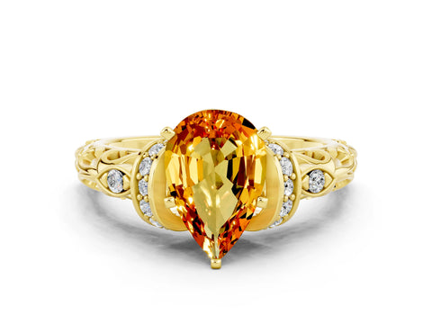 Yellow gold Pear Cut Citrine Solitaire Ring with Filigree Band and Four-Prong Setting_24