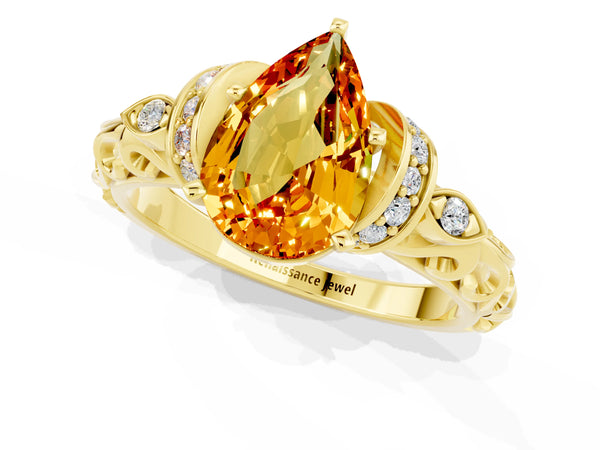 Yellow gold Pear Cut Citrine Solitaire Ring with Filigree Band and Four-Prong Setting