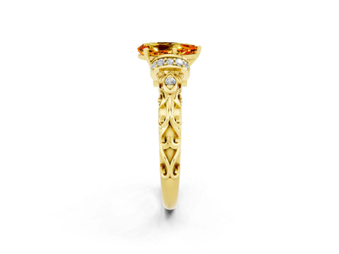 Yellow gold Pear Cut Citrine Solitaire Ring with Filigree Band and Four-Prong Setting_26