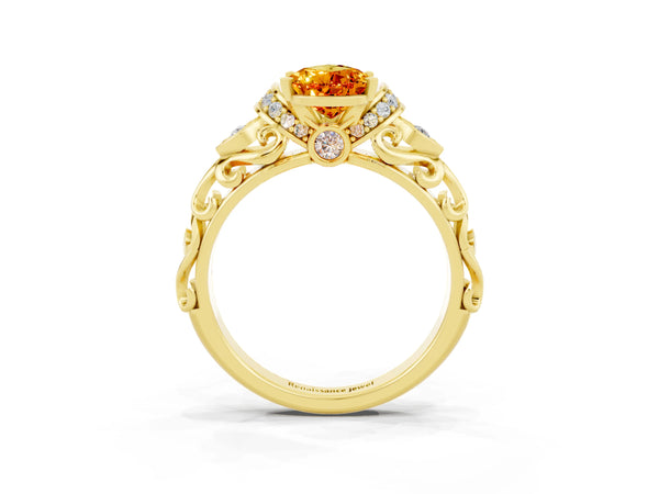 Yellow gold Pear Cut Citrine Solitaire Ring with Filigree Band and Four-Prong Setting
