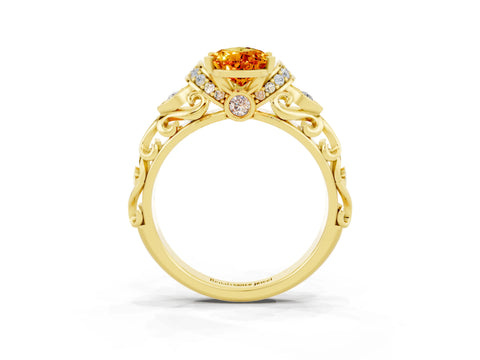 Yellow gold Pear Cut Citrine Solitaire Ring with Filigree Band and Four-Prong Setting_27