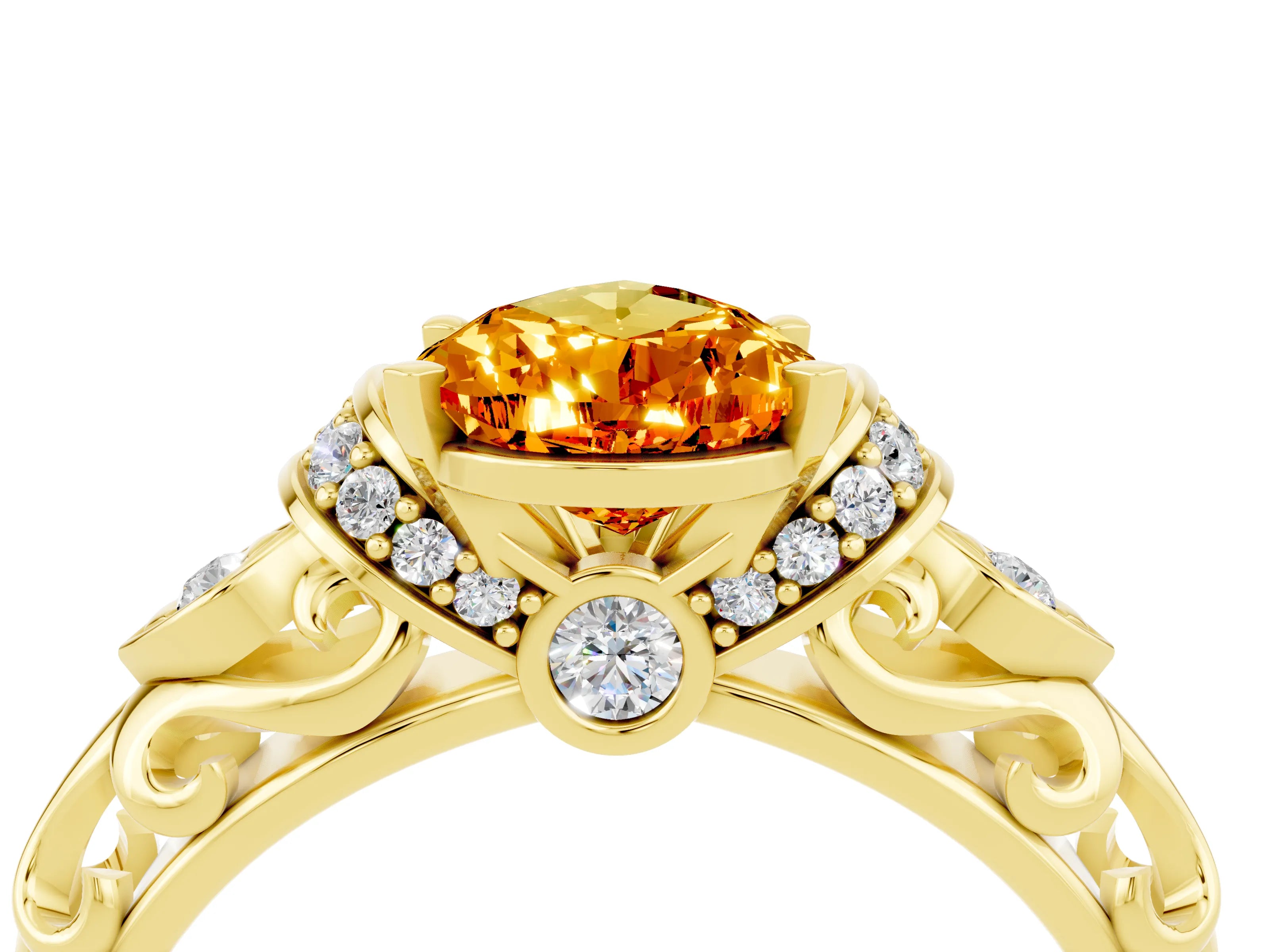 Yellow gold Pear Cut Citrine Solitaire Ring with Filigree Band and Four-Prong Setting_28