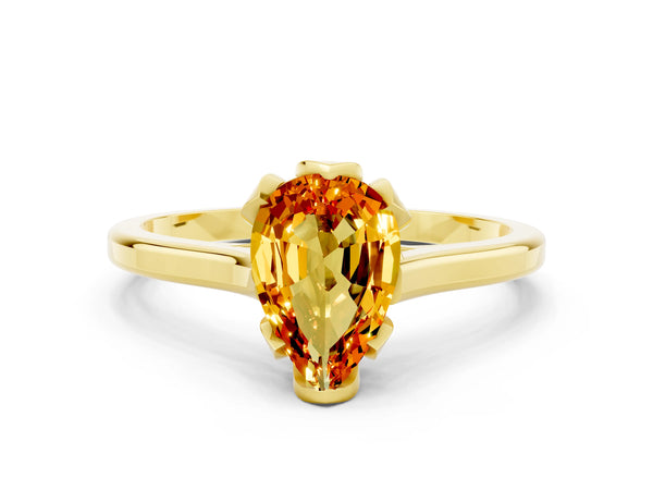 Yellow gold Pear Cut Citrine Solitaire Ring with Flower Prong Setting and Classic Band