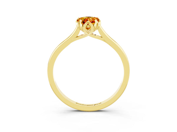 Yellow gold Pear Cut Citrine Solitaire Ring with Flower Prong Setting and Classic Band