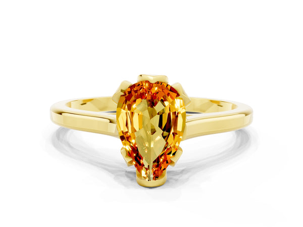 Yellow gold Pear Cut Citrine Solitaire Ring with Flower Prong Setting and Classic Band