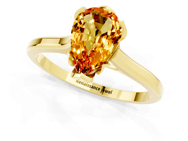 Yellow gold Pear Cut Citrine Solitaire Ring with Flower Prong Setting and Classic Band