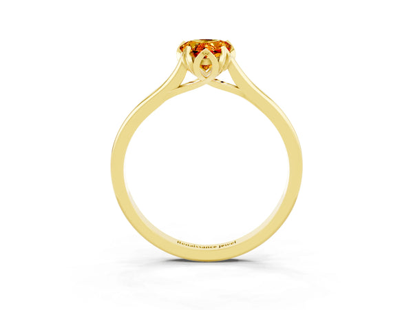 Yellow gold Pear Cut Citrine Solitaire Ring with Flower Prong Setting and Classic Band