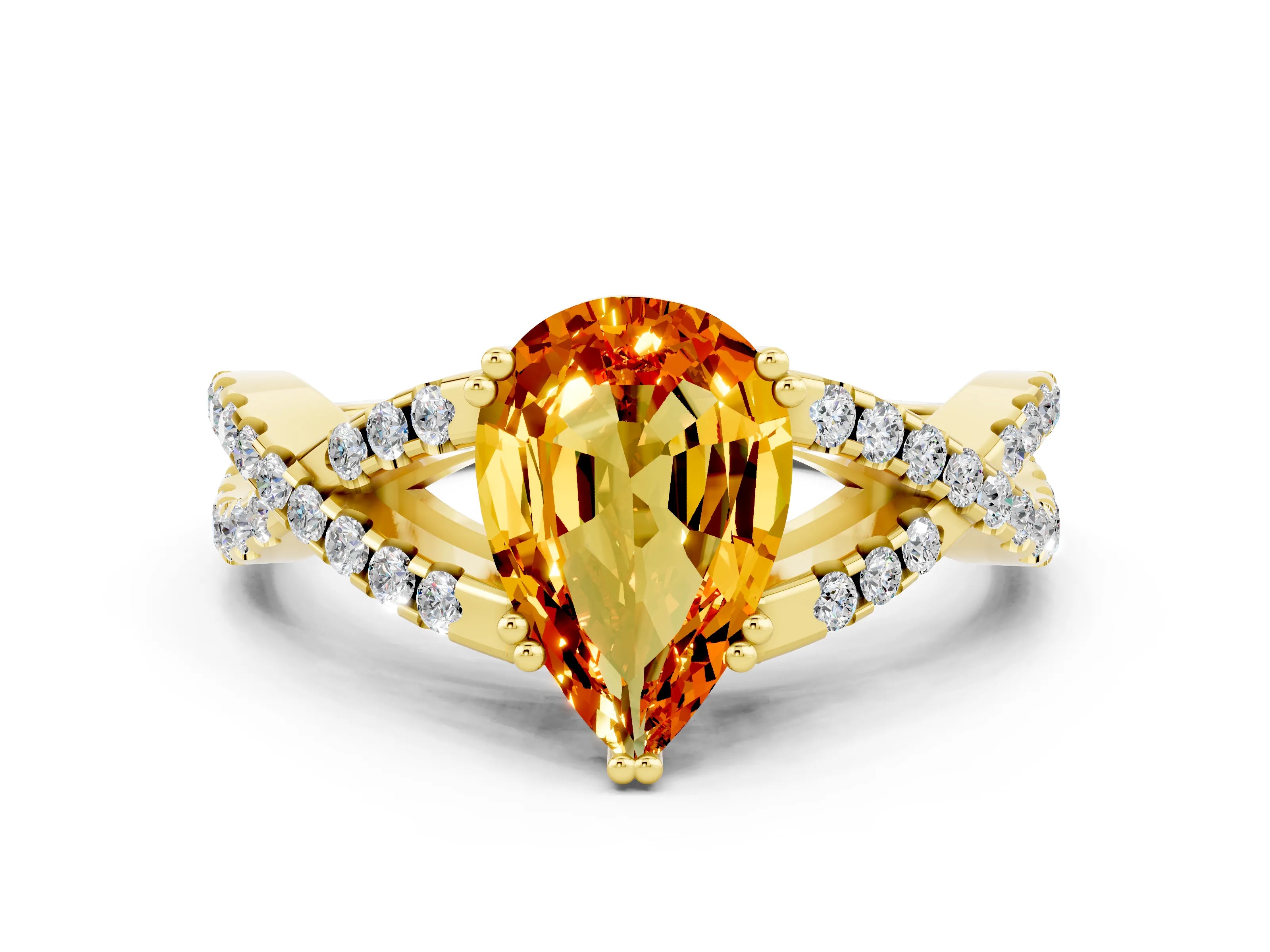 Yellow gold Pear Cut Citrine Solitaire Ring with Four-Prong Setting and Twisted Pavé Band