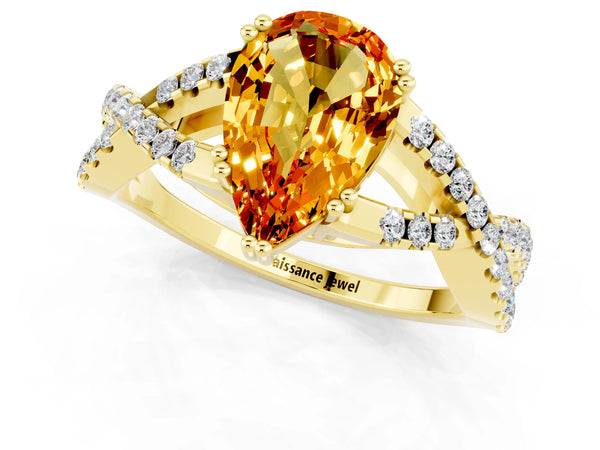 Yellow gold Pear Cut Citrine Solitaire Ring with Four-Prong Setting and Twisted Pavé Band
