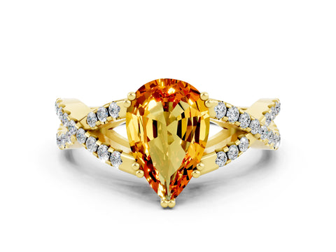 Yellow gold Pear Cut Citrine Solitaire Ring with Four-Prong Setting and Twisted Pavé Band