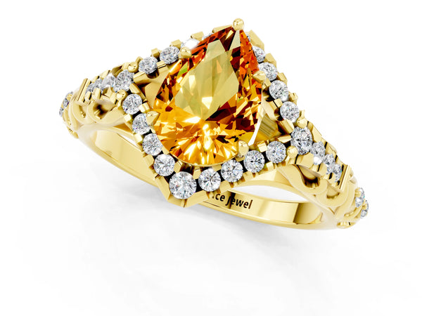 Yellow gold Pear Cut Citrine Solitaire Ring with Hidden Halo and Pavé Band