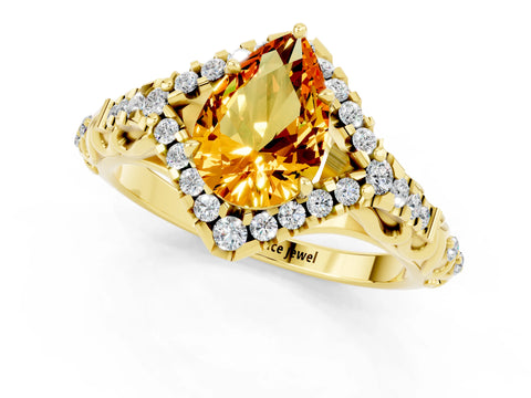 Yellow gold Pear Cut Citrine Solitaire Ring with Hidden Halo and Pavé Band_13