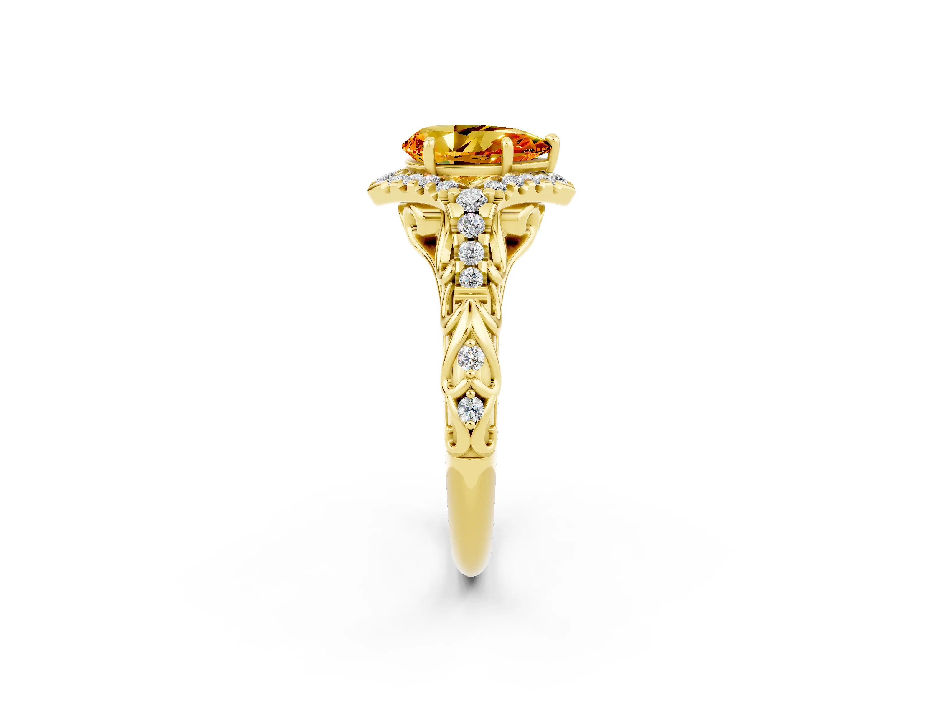 Yellow gold Pear Cut Citrine Solitaire Ring with Hidden Halo and Pavé Band_14