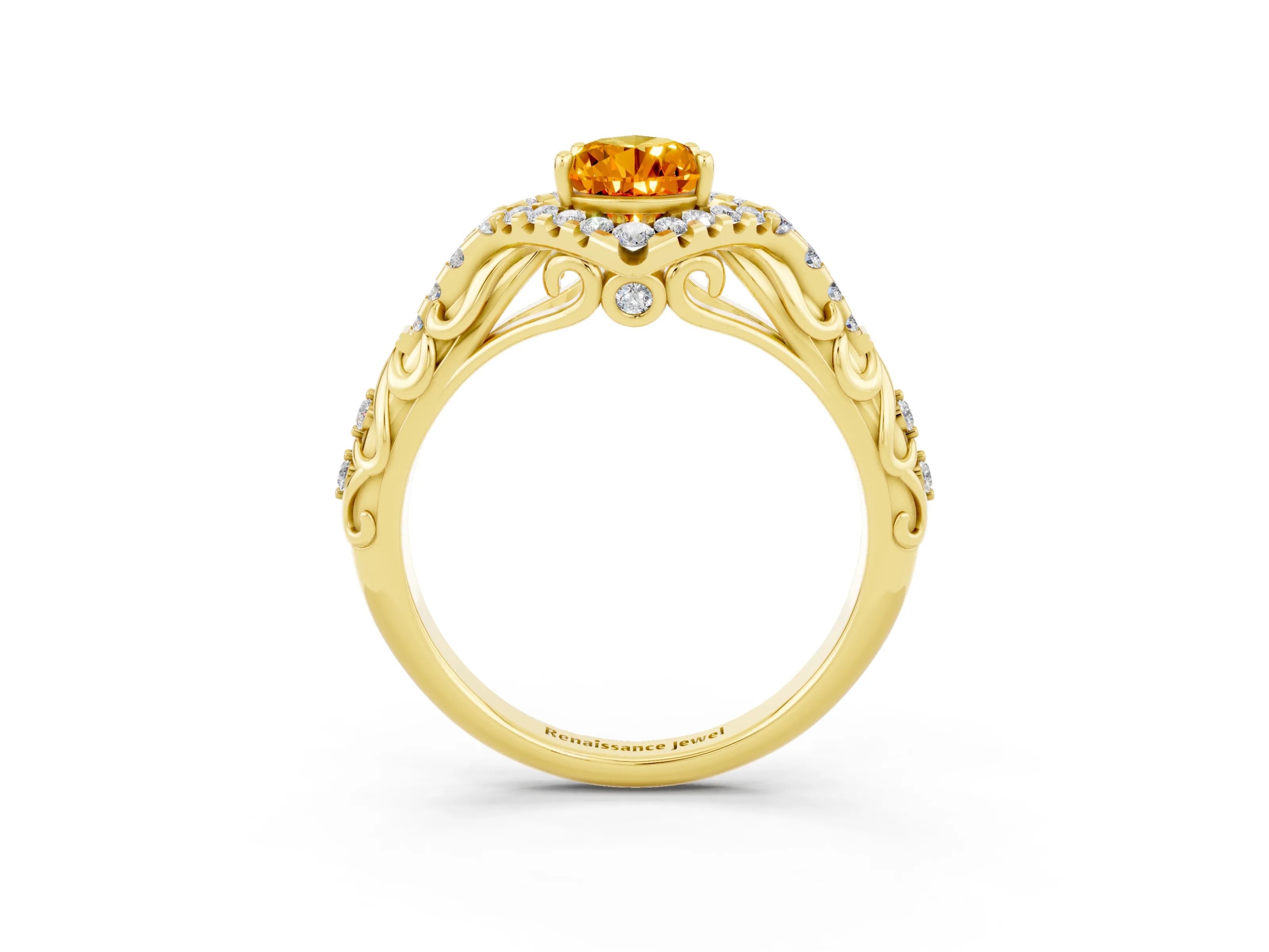 Yellow gold Pear Cut Citrine Solitaire Ring with Hidden Halo and Pavé Band_15
