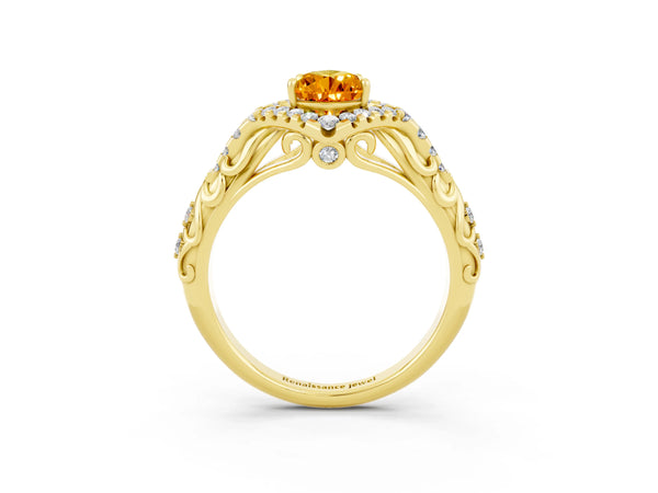 Yellow gold Pear Cut Citrine Solitaire Ring with Hidden Halo and Pavé Band