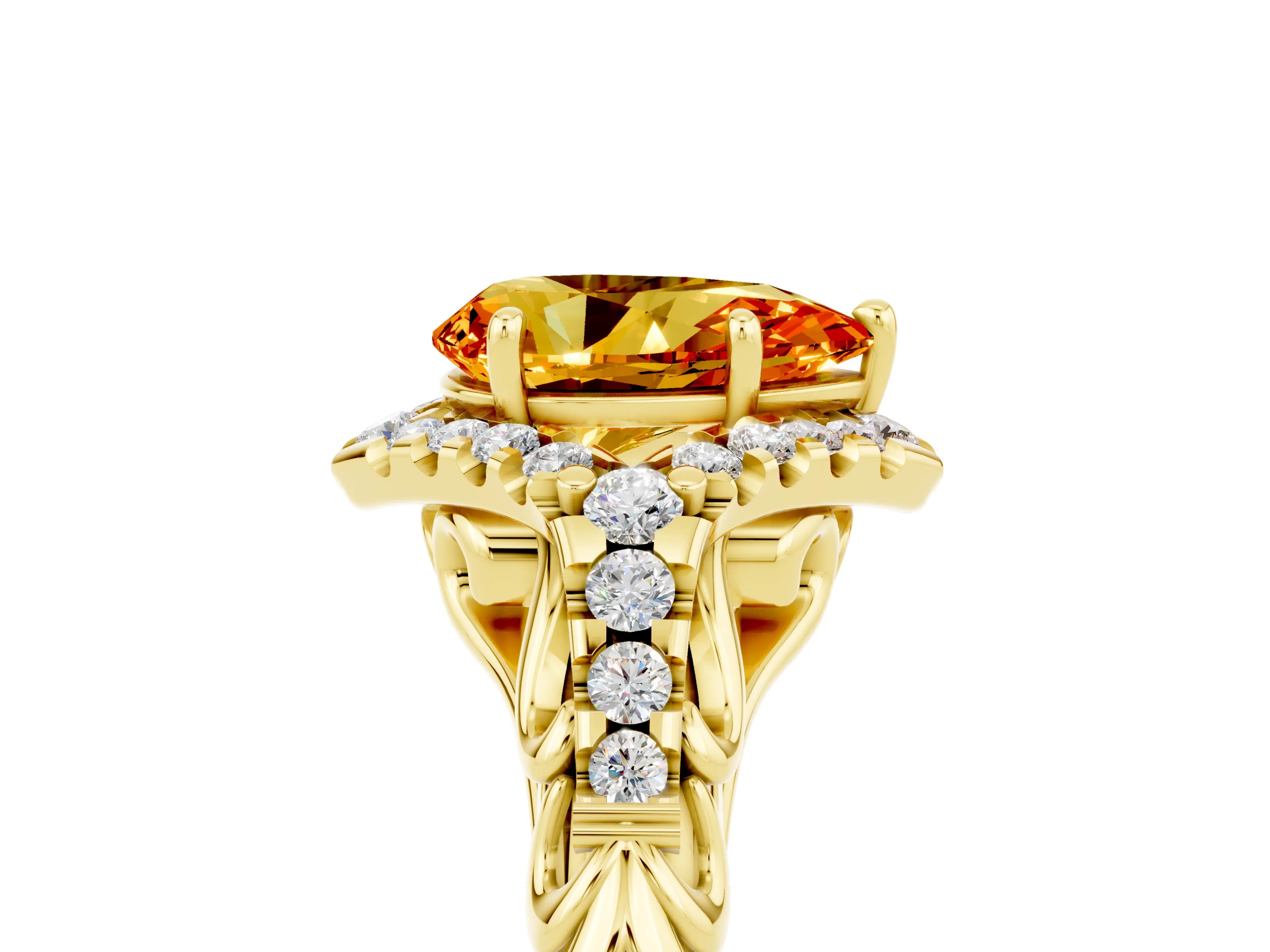 Yellow gold Pear Cut Citrine Solitaire Ring with Hidden Halo and Pavé Band_17