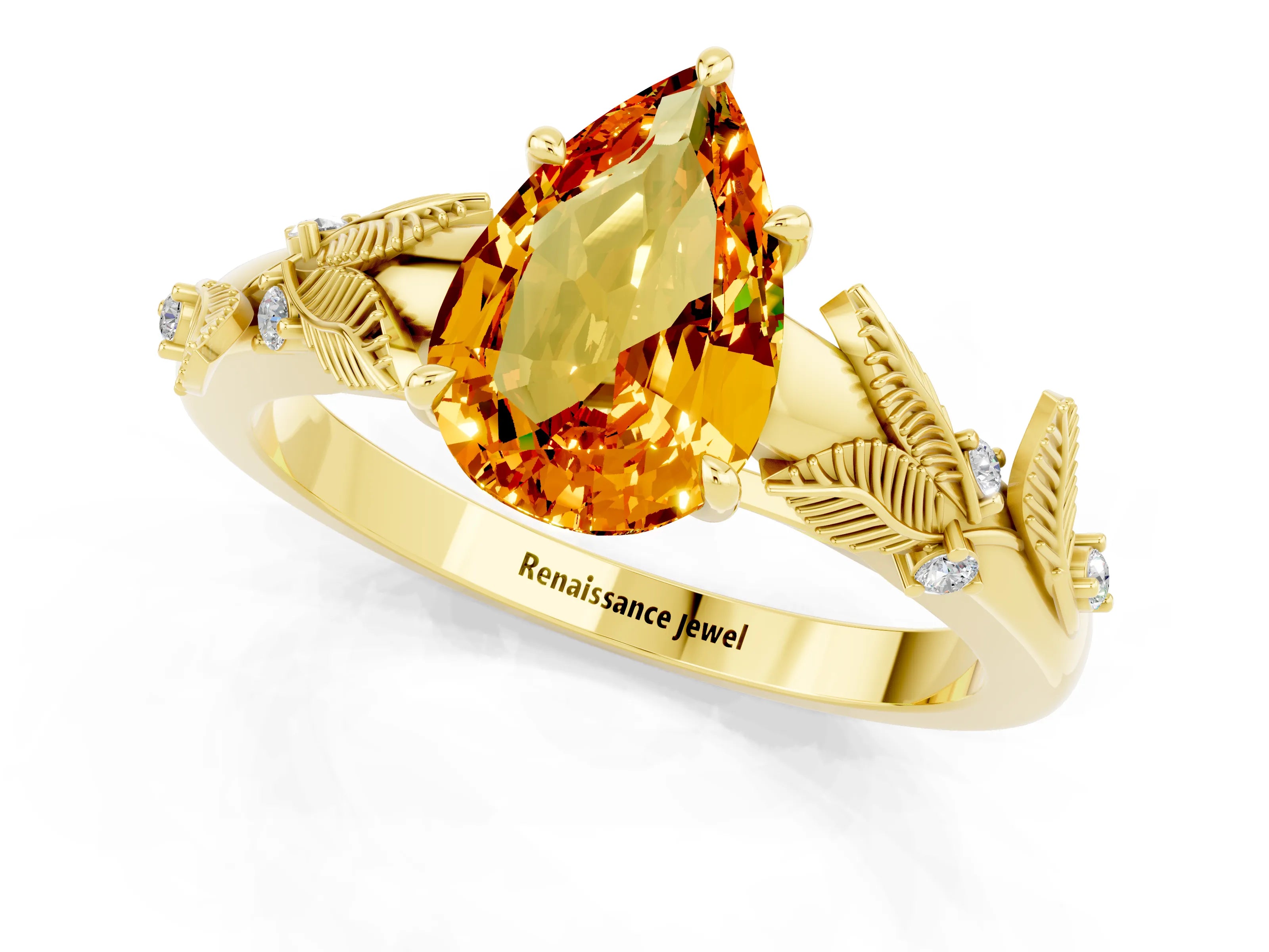 Yellow gold Pear Cut Citrine Solitaire Ring with Leaf Motif Band and Four-Prong Setting_1