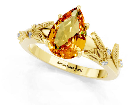 Yellow gold Pear Cut Citrine Solitaire Ring with Leaf Motif Band and Four-Prong Setting_1