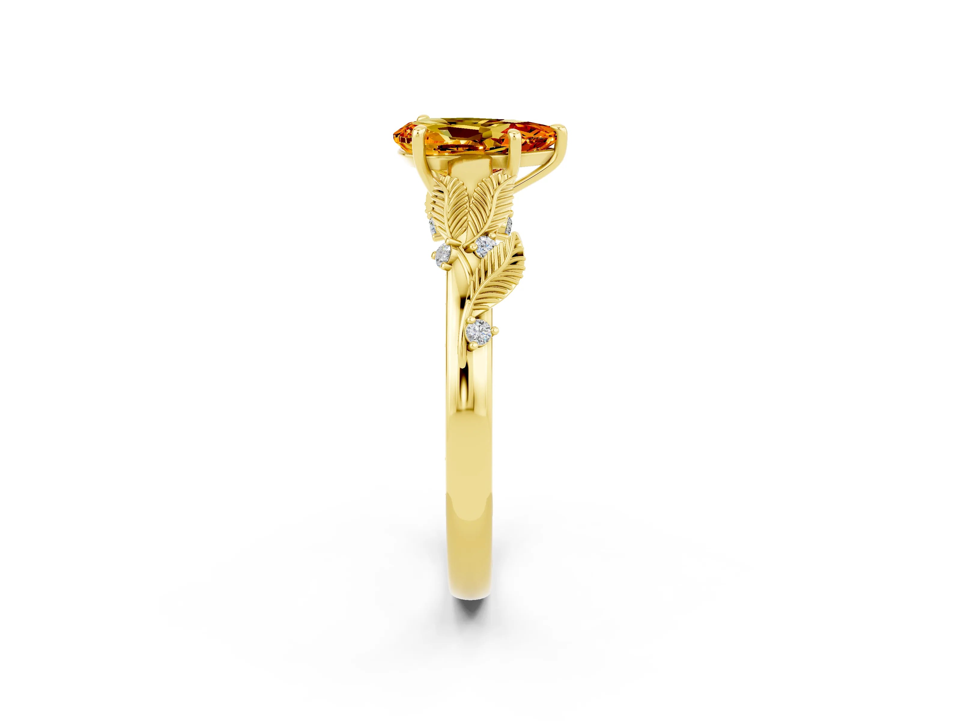 Yellow gold Pear Cut Citrine Solitaire Ring with Leaf Motif Band and Four-Prong Setting_2