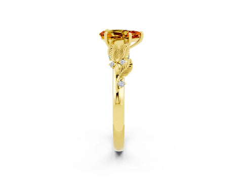 Yellow gold Pear Cut Citrine Solitaire Ring with Leaf Motif Band and Four-Prong Setting_2