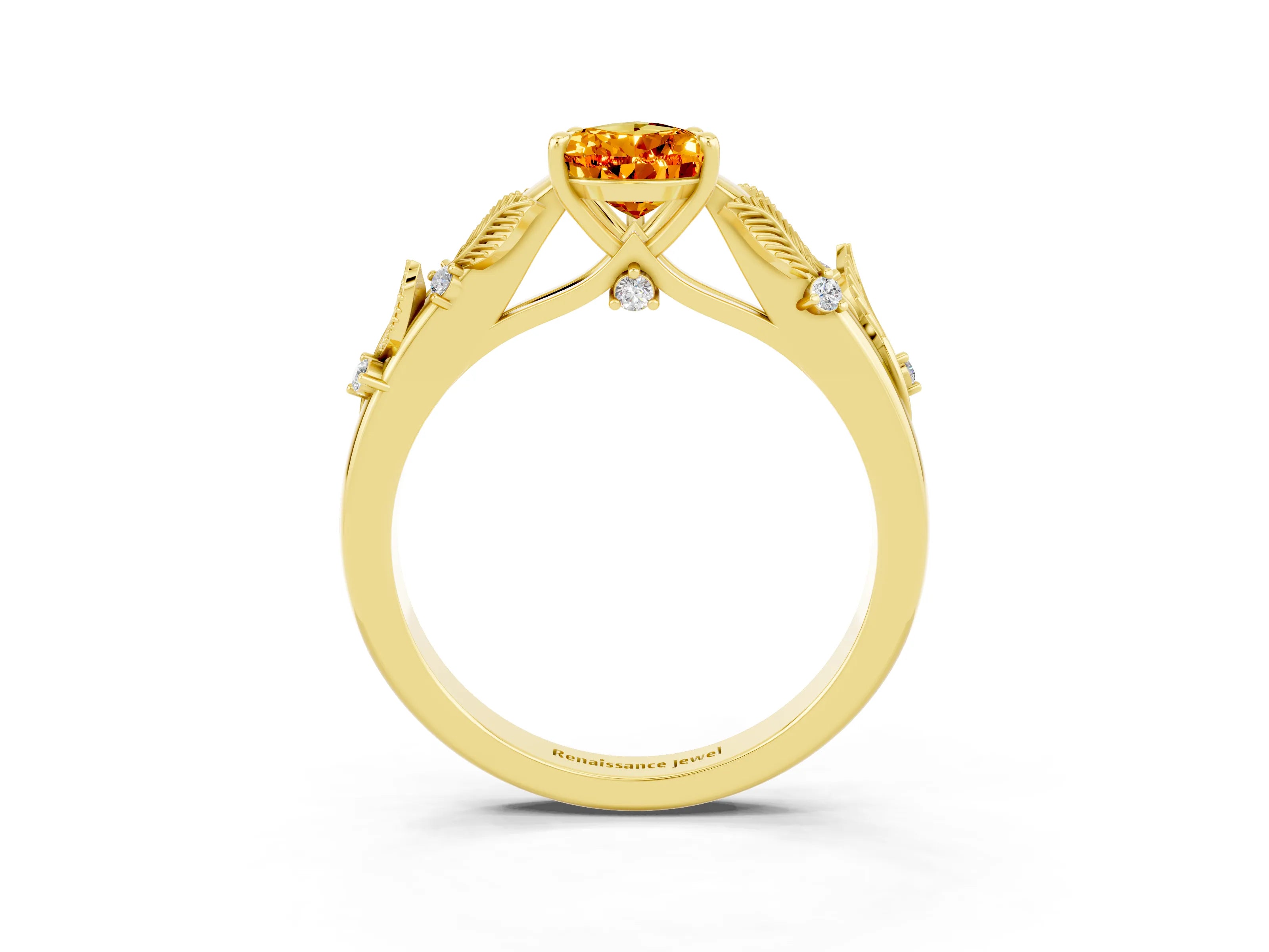 Yellow gold Pear Cut Citrine Solitaire Ring with Leaf Motif Band and Four-Prong Setting_3