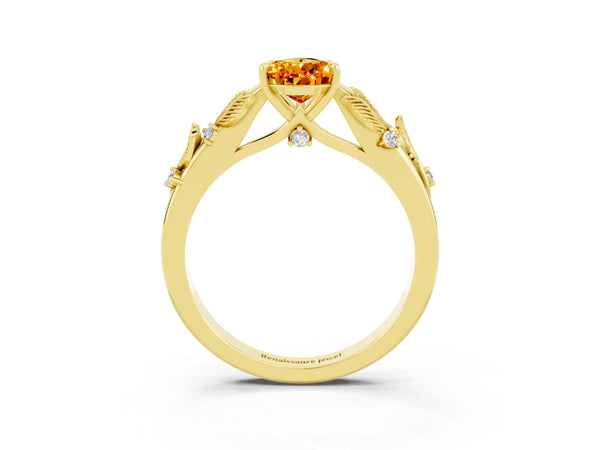 Yellow gold Pear Cut Citrine Solitaire Ring with Leaf Motif Band and Four-Prong Setting
