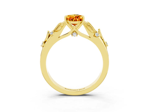 Yellow gold Pear Cut Citrine Solitaire Ring with Leaf Motif Band and Four-Prong Setting_3