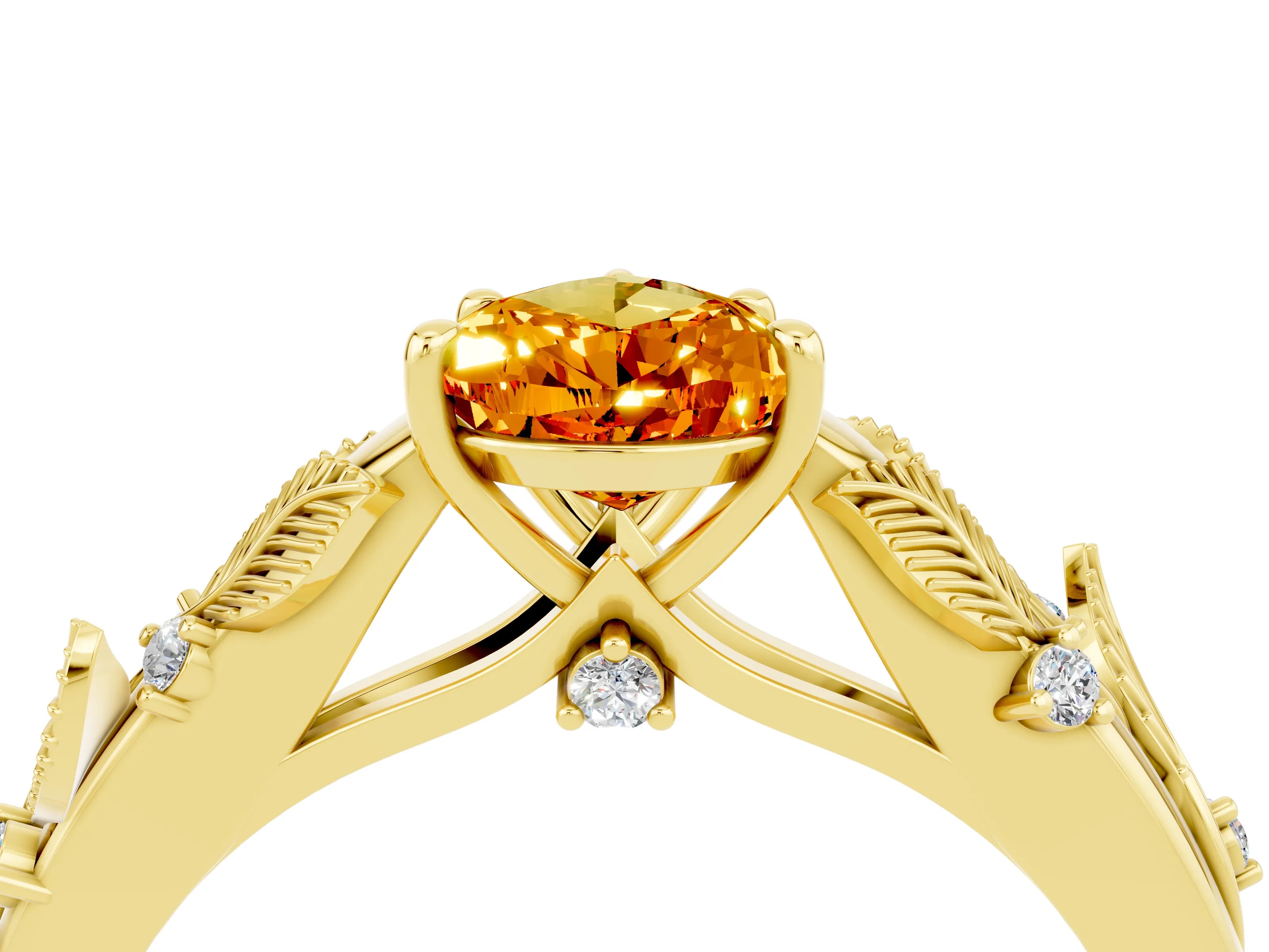 Yellow gold Pear Cut Citrine Solitaire Ring with Leaf Motif Band and Four-Prong Setting_4