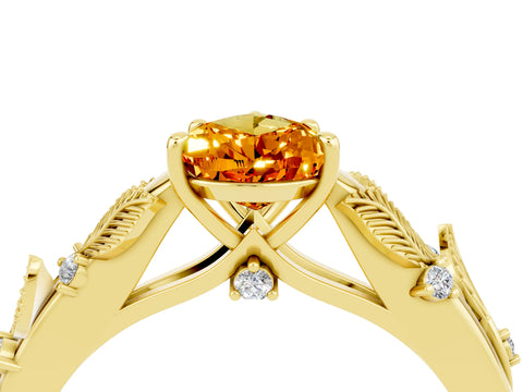 Yellow gold Pear Cut Citrine Solitaire Ring with Leaf Motif Band and Four-Prong Setting_4