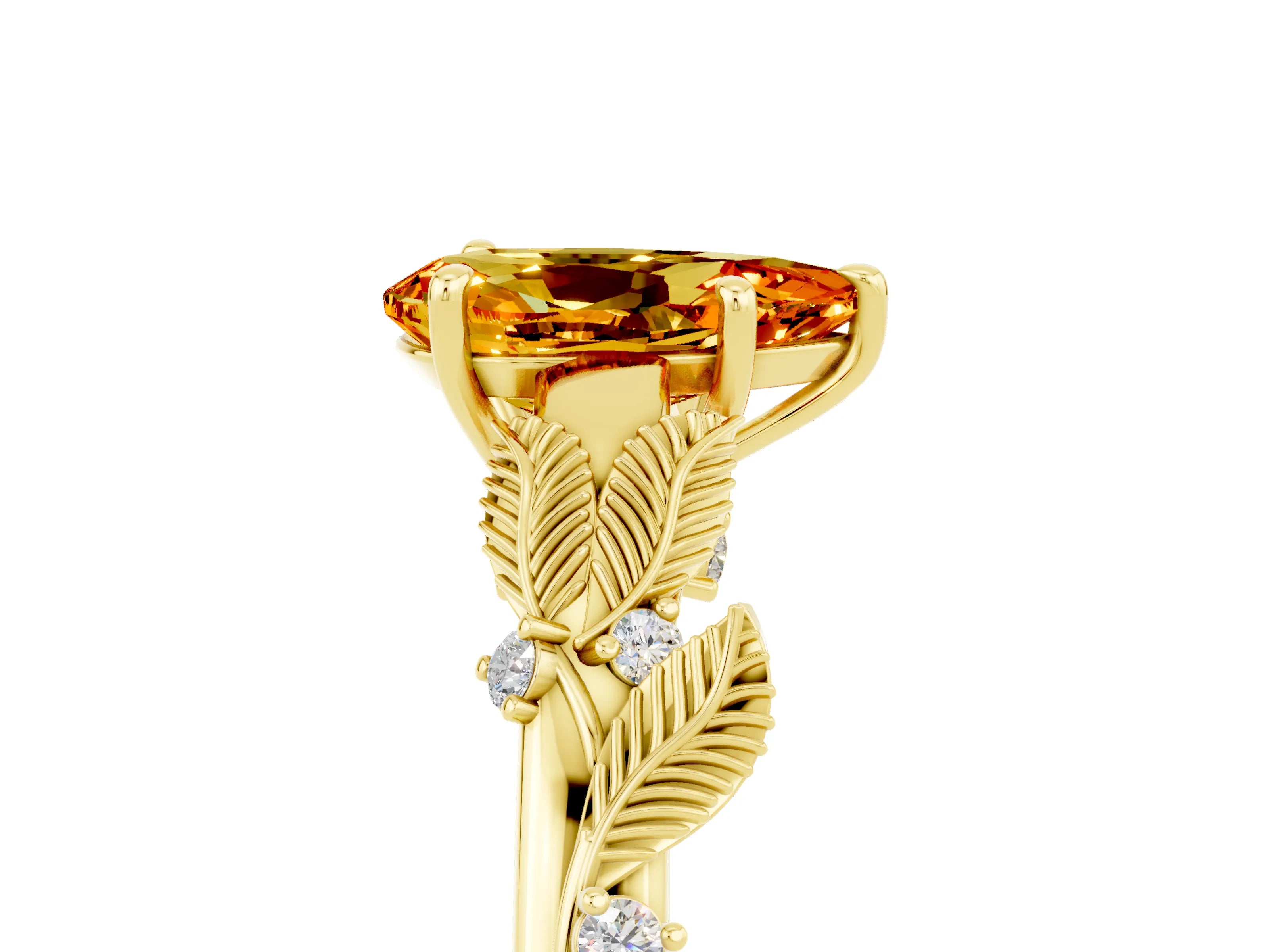 Yellow gold Pear Cut Citrine Solitaire Ring with Leaf Motif Band and Four-Prong Setting_5