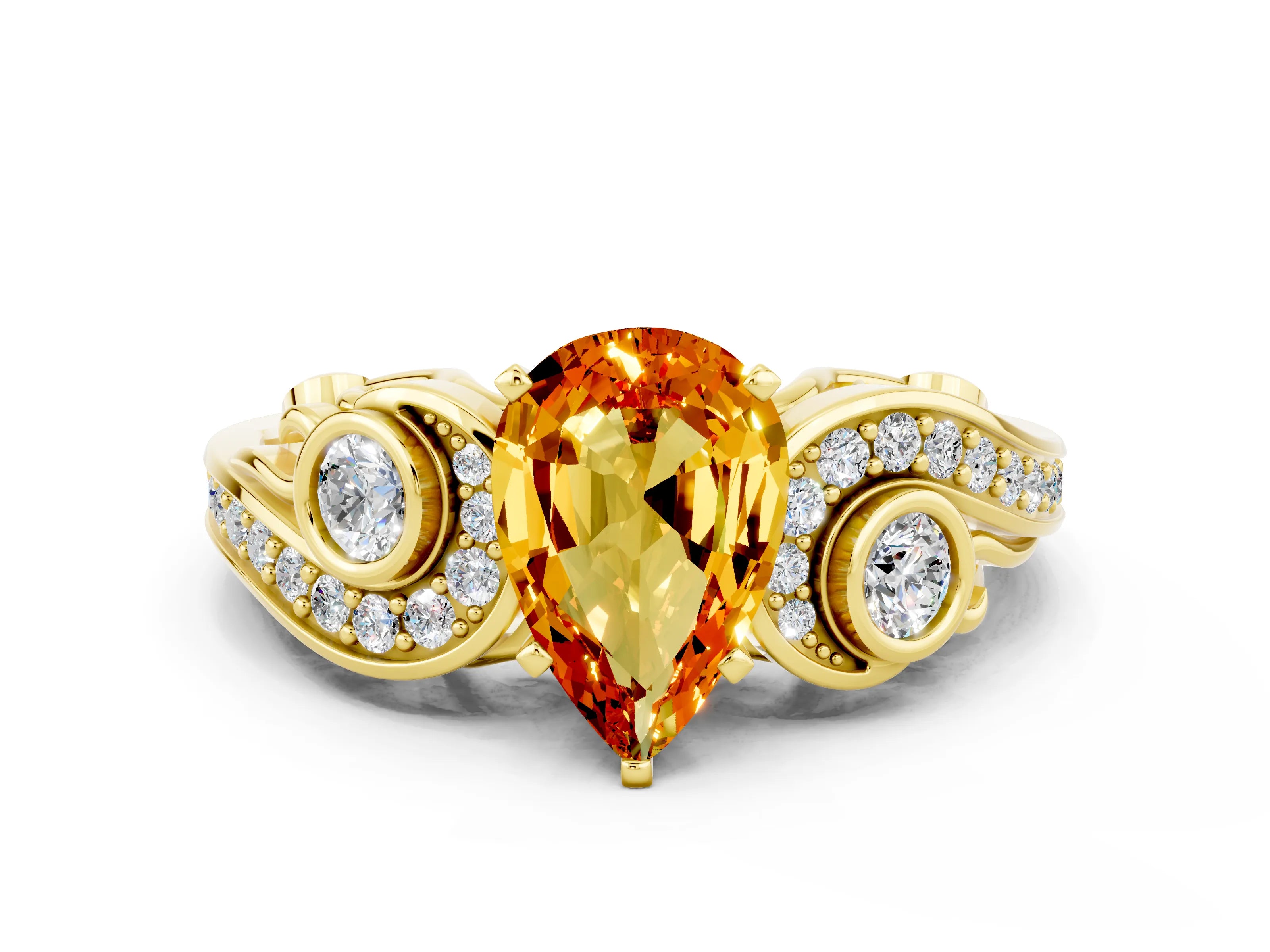 Yellow gold Pear Cut Citrine Solitaire Ring with Milgrain Pavé Band and Four-Prong Setting_24