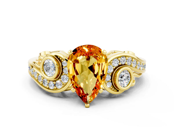 Yellow gold Pear Cut Citrine Solitaire Ring with Milgrain Pavé Band and Four-Prong Setting
