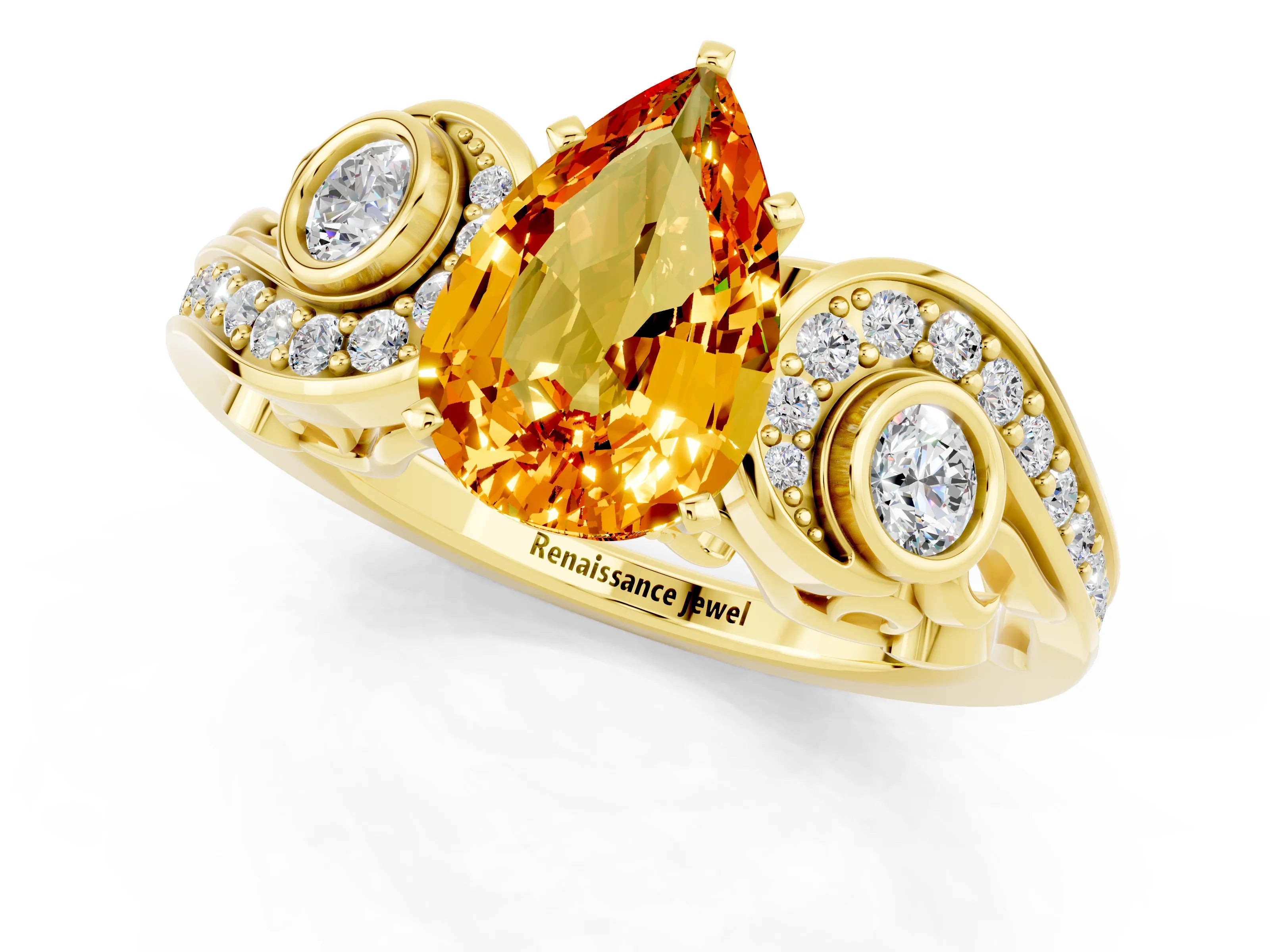 Yellow gold Pear Cut Citrine Solitaire Ring with Milgrain Pavé Band and Four-Prong Setting_25