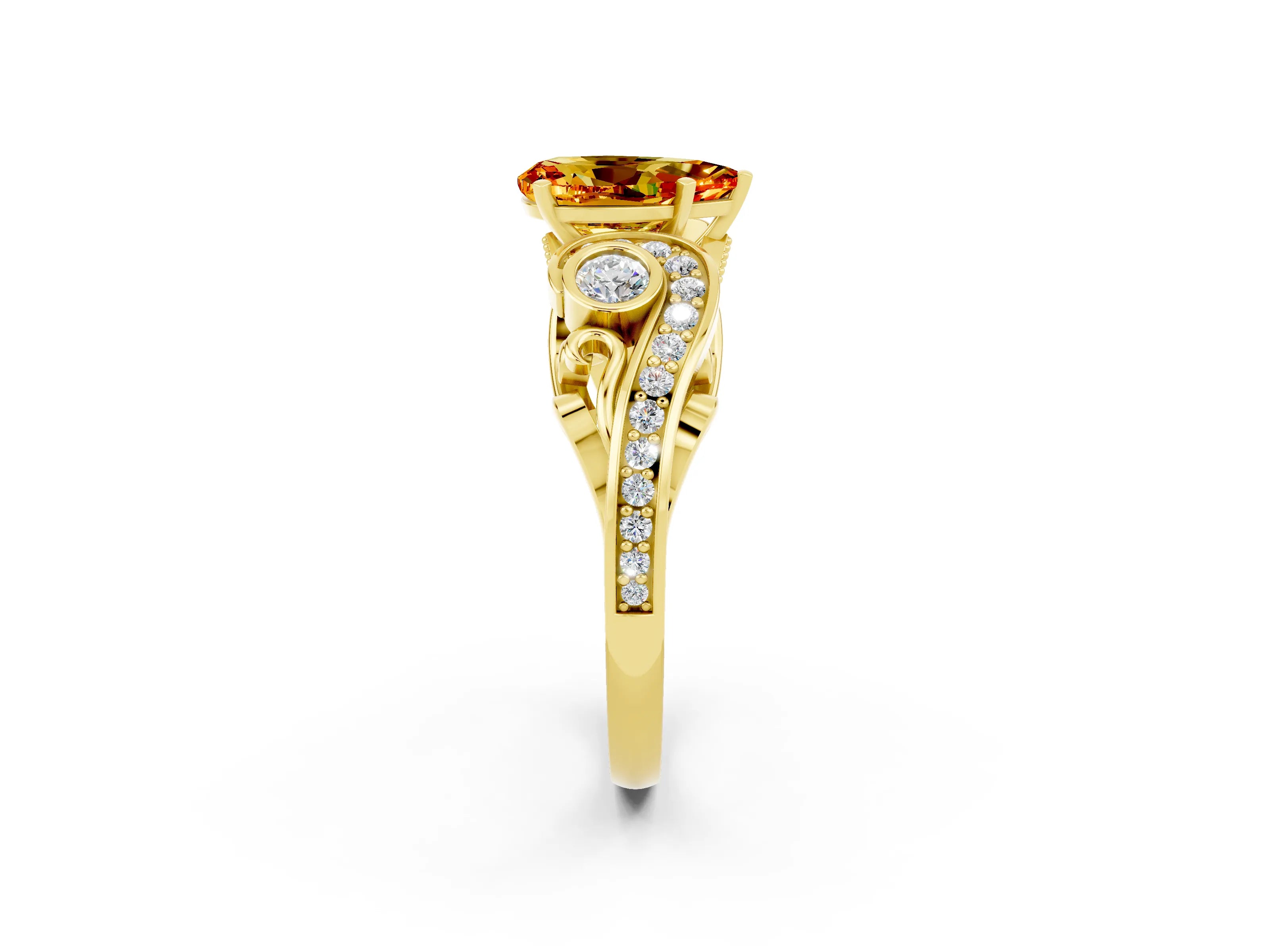 Yellow gold Pear Cut Citrine Solitaire Ring with Milgrain Pavé Band and Four-Prong Setting_26