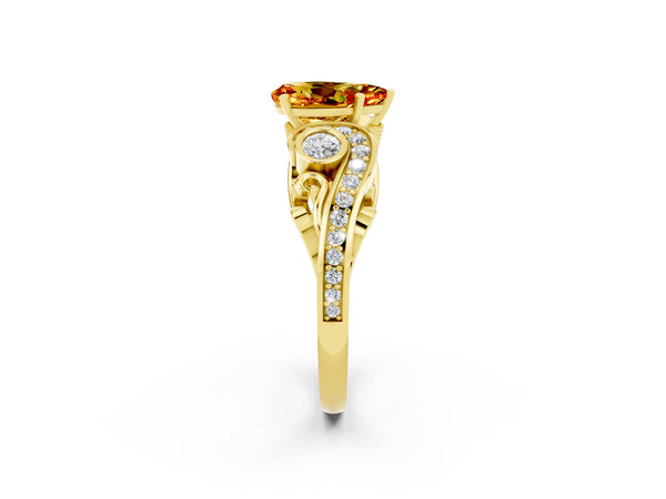 Yellow gold Pear Cut Citrine Solitaire Ring with Milgrain Pavé Band and Four-Prong Setting