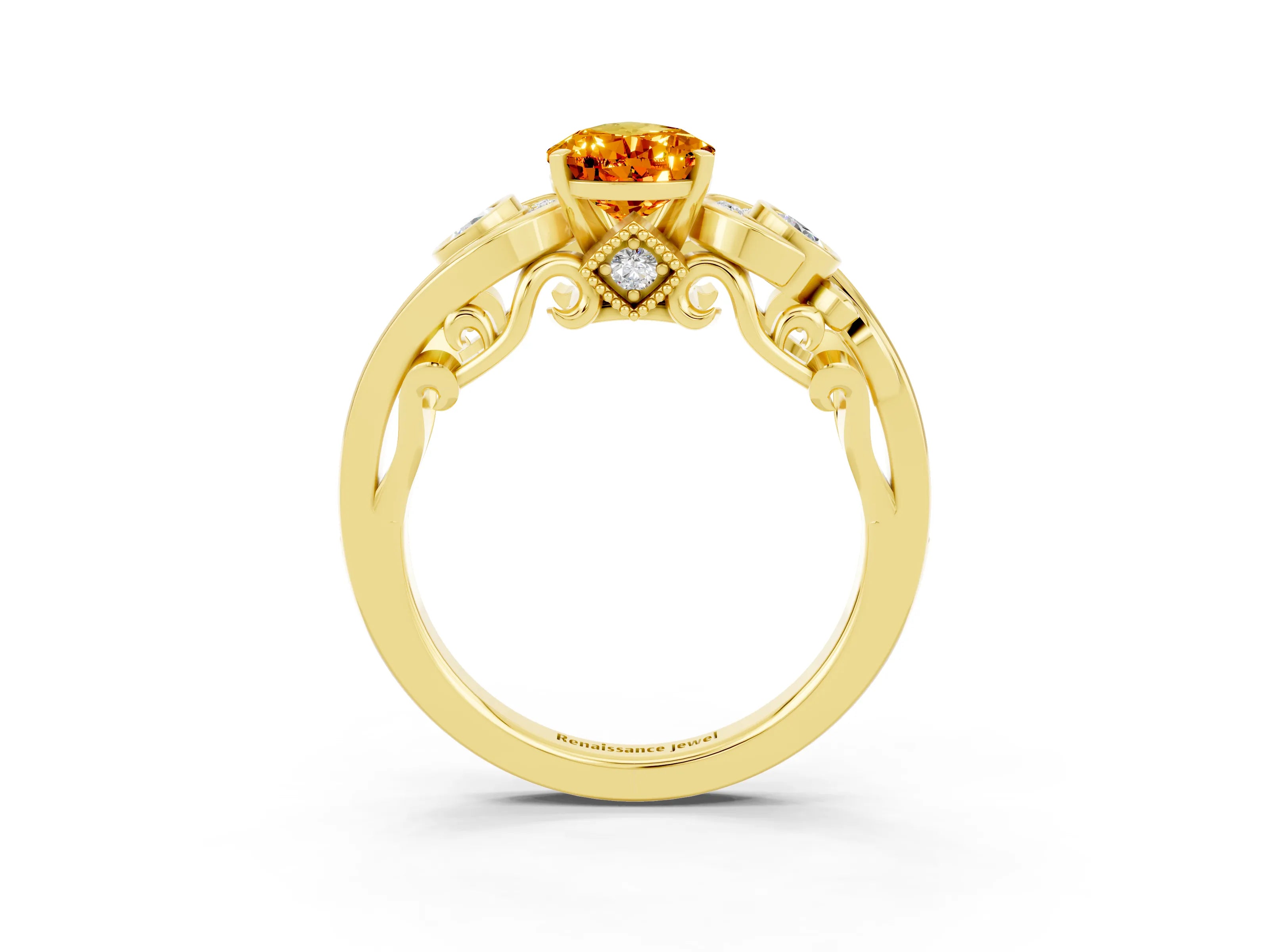 Yellow gold Pear Cut Citrine Solitaire Ring with Milgrain Pavé Band and Four-Prong Setting_27